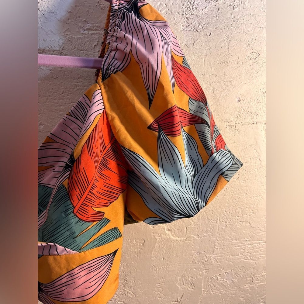 Orange and Blue Tropical Puff Sleeve Ruffled Crop Top summer beach resortwear - Picture 6 of 9